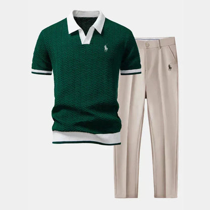 Men’s V-Neck Cotton-Blend Shirt and Tapered Pants Set