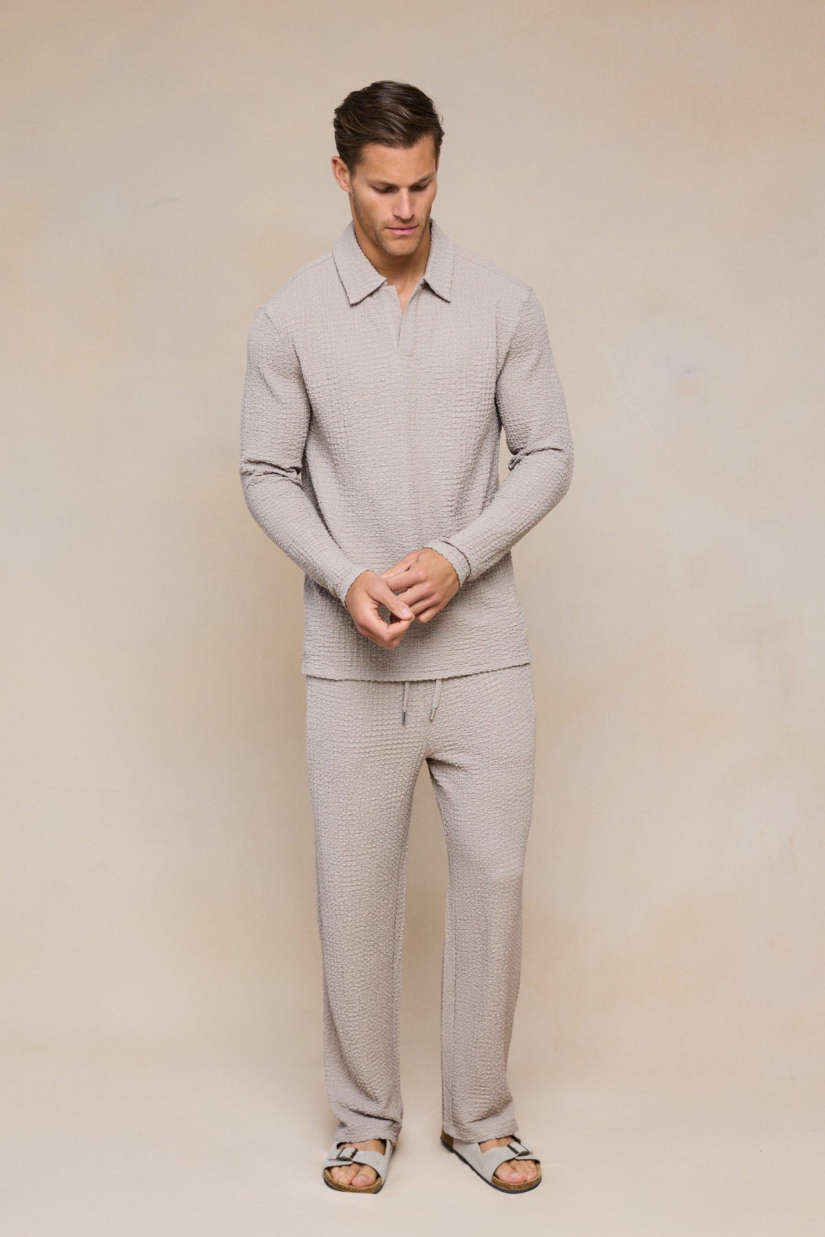 Artie Ruched Textured Long Sleeve Polo Shirt - Mushroom