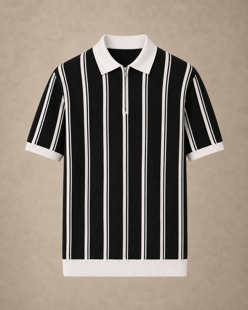 Stripe Zip Polo Shirt — Norwood Capri (Black/White)