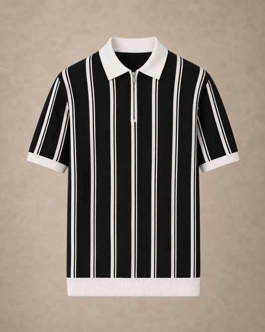 Stripe Zip Polo Shirt — Norwood Capri (Black/White)