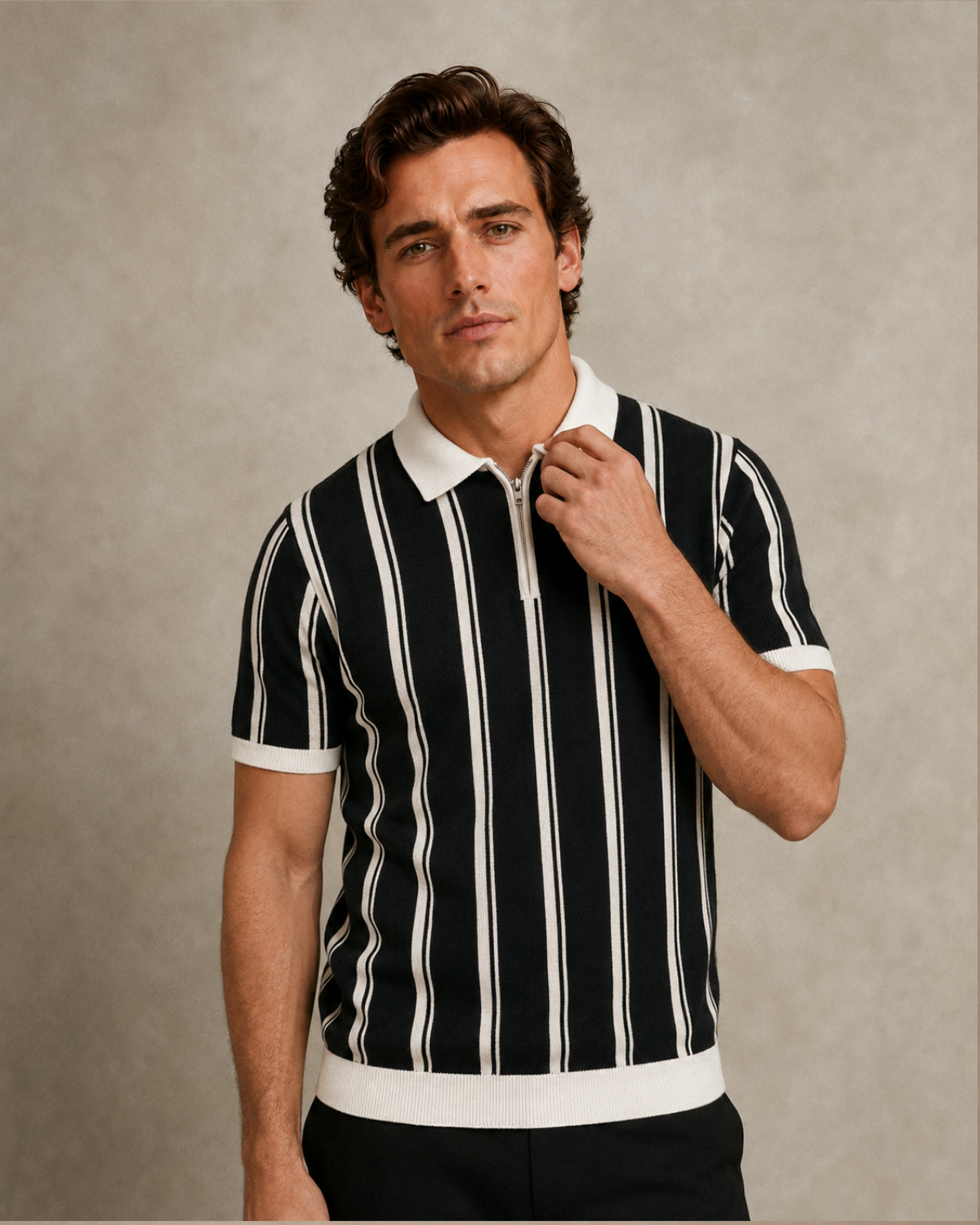Stripe Zip Polo Shirt — Norwood Capri (Black/White)