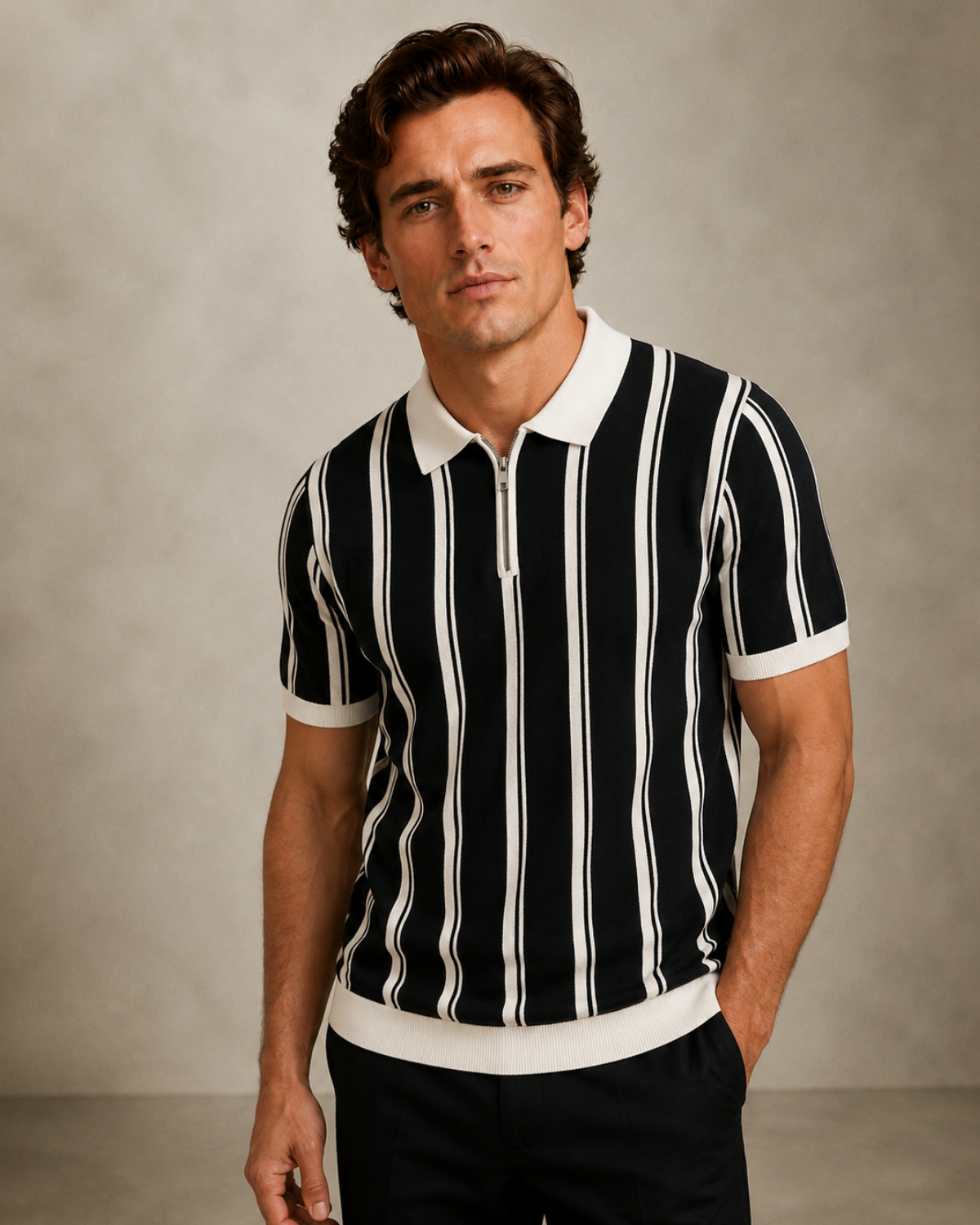 Stripe Zip Polo Shirt — Norwood Capri (Black/White)